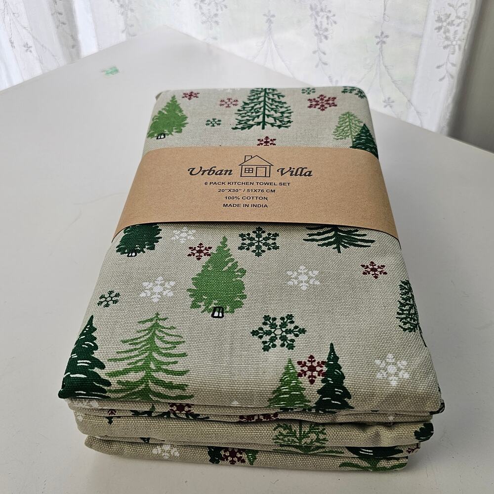 Urban Villa 6 pack cotton kitchen towels christmas trees snowflakes NIP